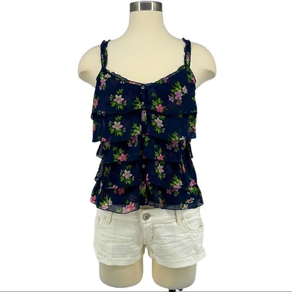 NWOT Hollister Sheer Ruffle Floral Tank Top - Navy - Picture 1 of 9